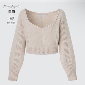 UNIQLO & Mame Kurogouchi - Women's Beige V-Neck Cropped 3D Knit Sweater